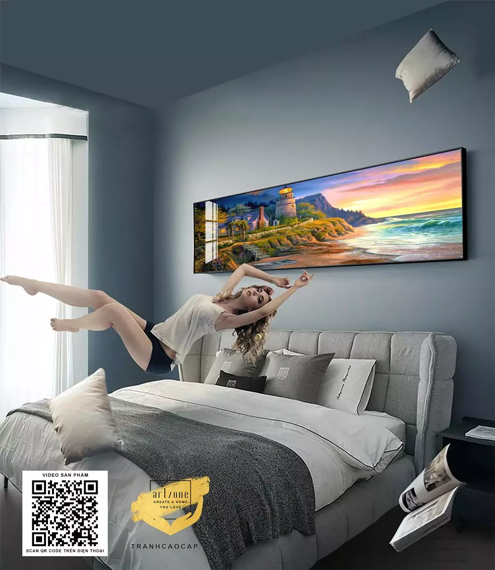 Bức tranh Phòng Cảnh Lâu Đài Bên Bờ Biển Xanh trong không gian phòng ngủ