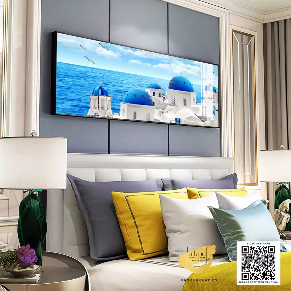 Tranh phong cảnh lâu đài mái xanh trên biển chất liệu Mica