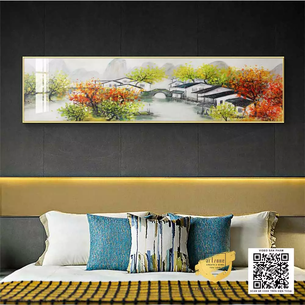 Tranh phong cảnh làng quê mang đến không gian phòng ngủ vẻ đẹp thanh bình và thư thái