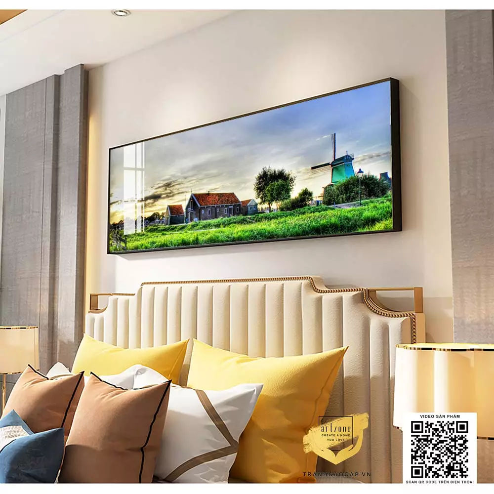 Hình ảnh dòng sông và những ngôi nhà trong tranh