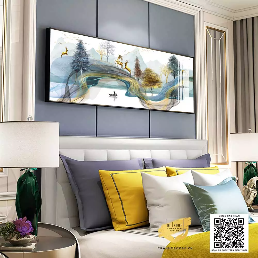 Tranh người lá đỏ trên sông và đàn hươu vàng với khung tranh phù hợp