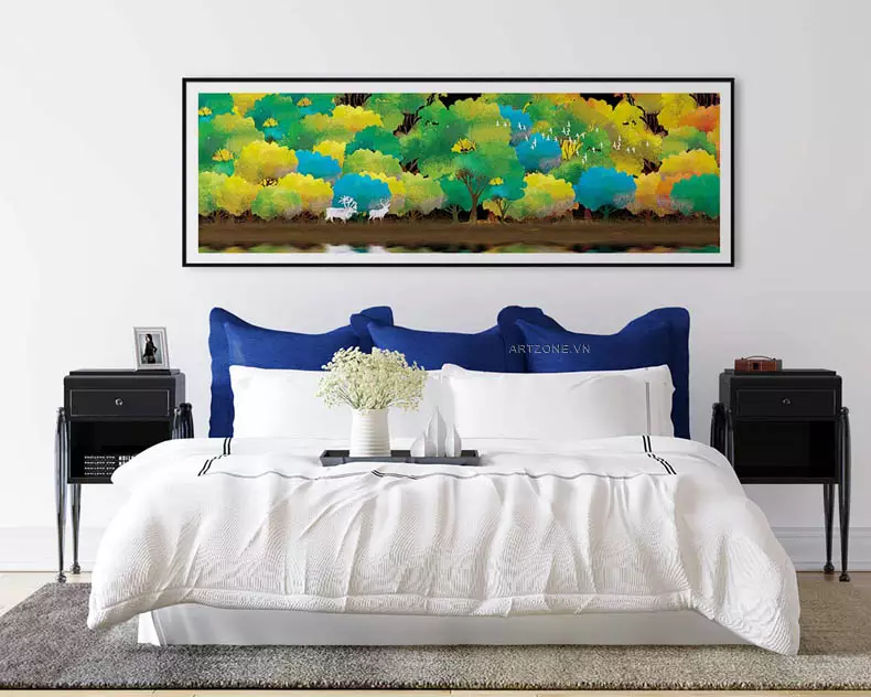 Tranh rừng cây và đàn hươu mang lại nhiều lợi ích cho không gian phòng ngủ