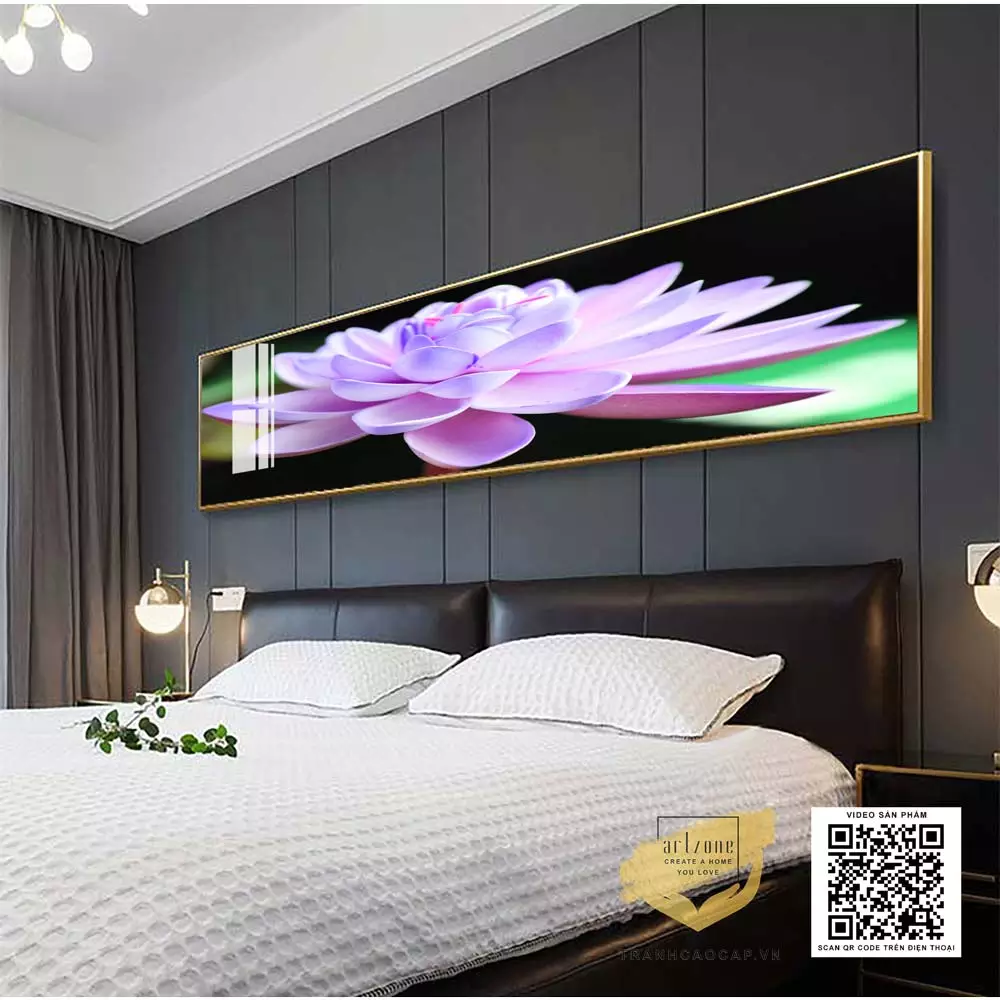 Tranh phong cảnh sen đá tím phòng ngủ sang trọng