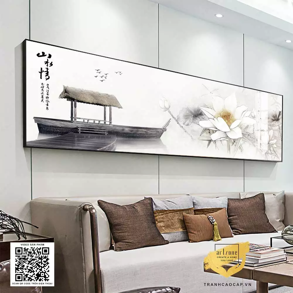 Bố cục và màu sắc hài hòa của bức tranh phong cảnh sen trắng