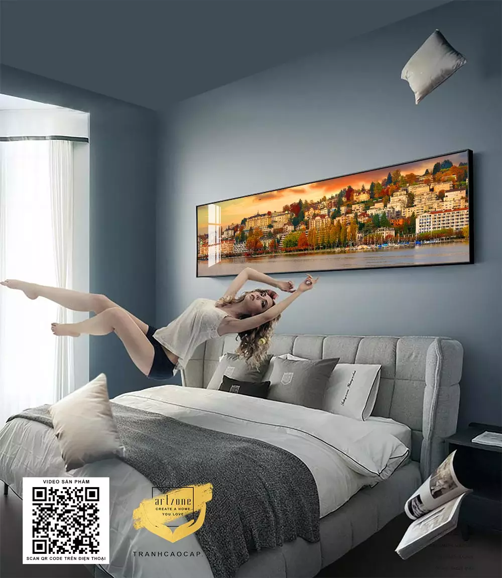 Tranh phong cảnh thành phố thơ mộng ven sông AZ1-0707-MICA với khung tranh nhôm
