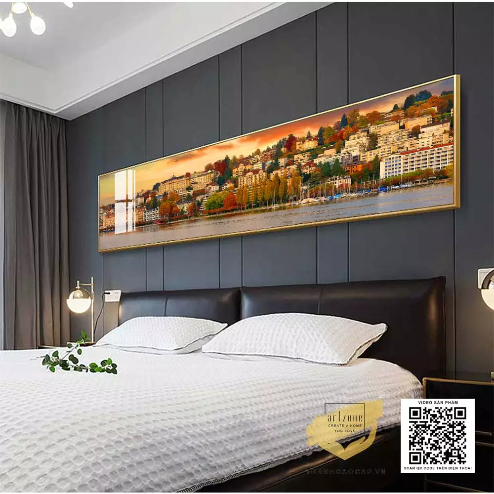 Tranh phong cảnh thành phố thơ mộng ven sông AZ1-0707-MICA với khung tranh composite