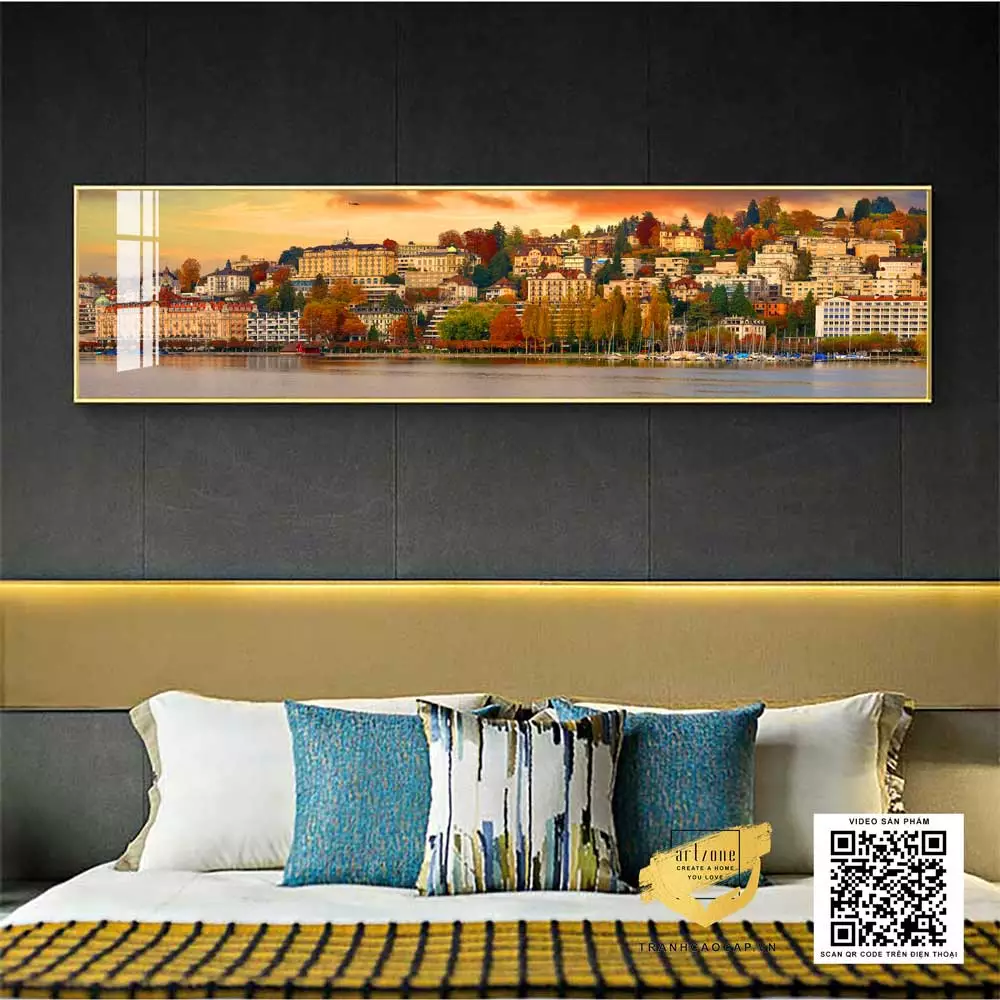 Tranh phong cảnh thành phố thơ mộng ven sông AZ1-0707-MICA trong không gian phòng ngủ hiện đại