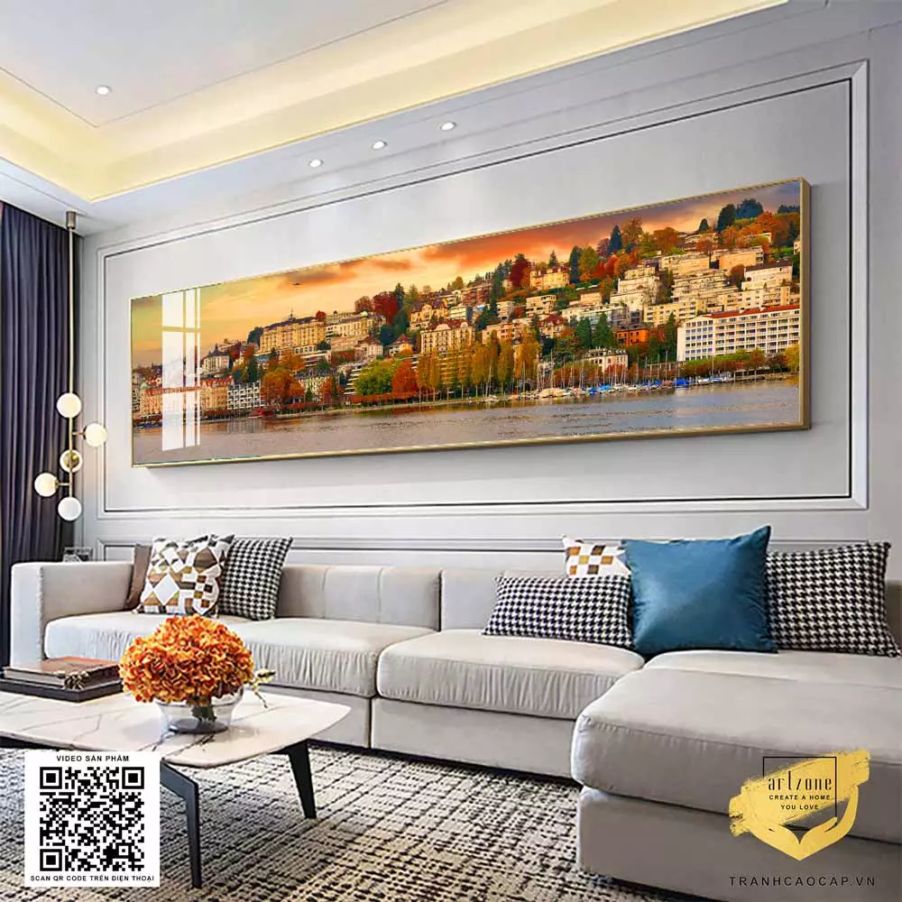 Tranh phong cảnh thành phố thơ mộng ven sông AZ1-0707-MICA trong không gian phòng ngủ