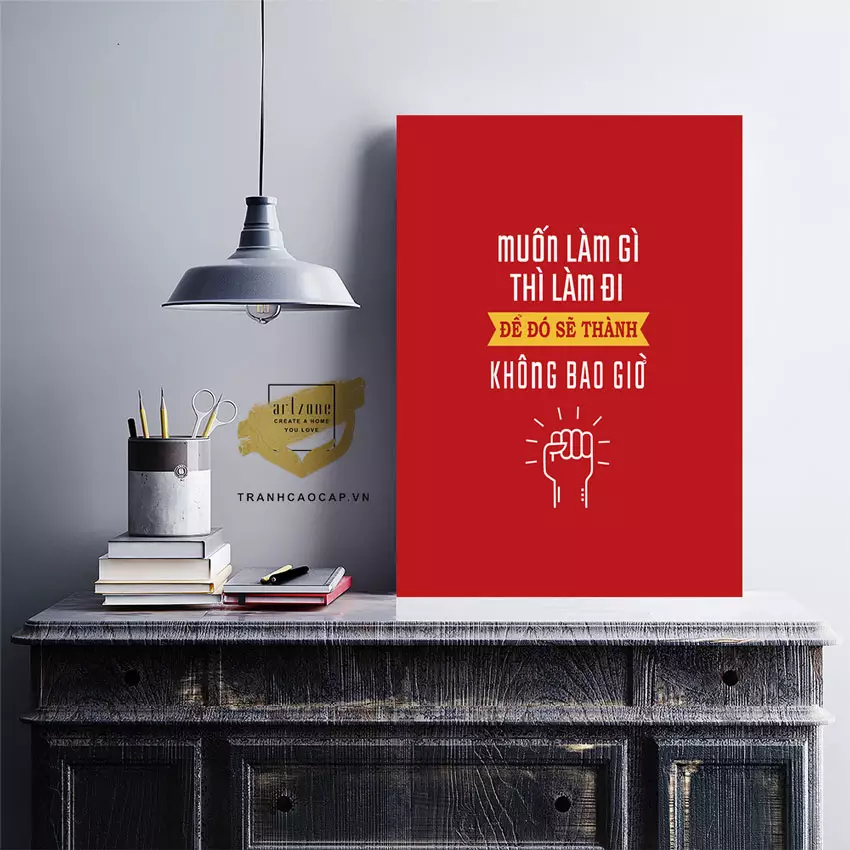 Trang trí không gian làm việc với tranh mica slogan tiếng Việt