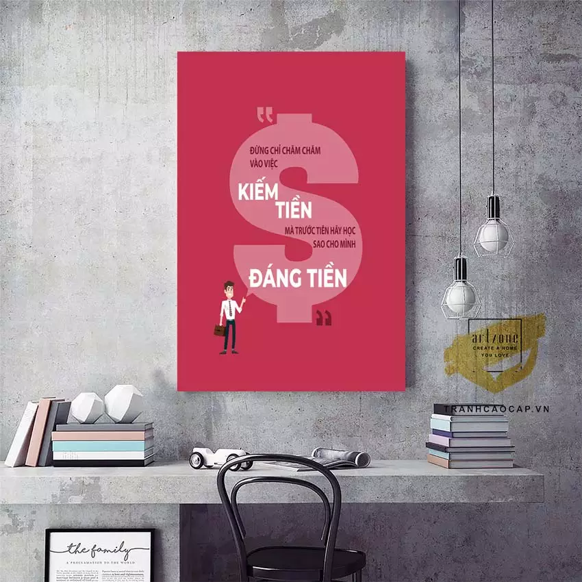 Không gian làm việc sáng tạo với tranh mica slogan tiếng Việt