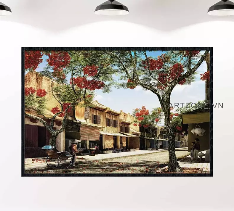 Tranh Hà Nội xưa với hình ảnh phố cổ và gánh hàng rong