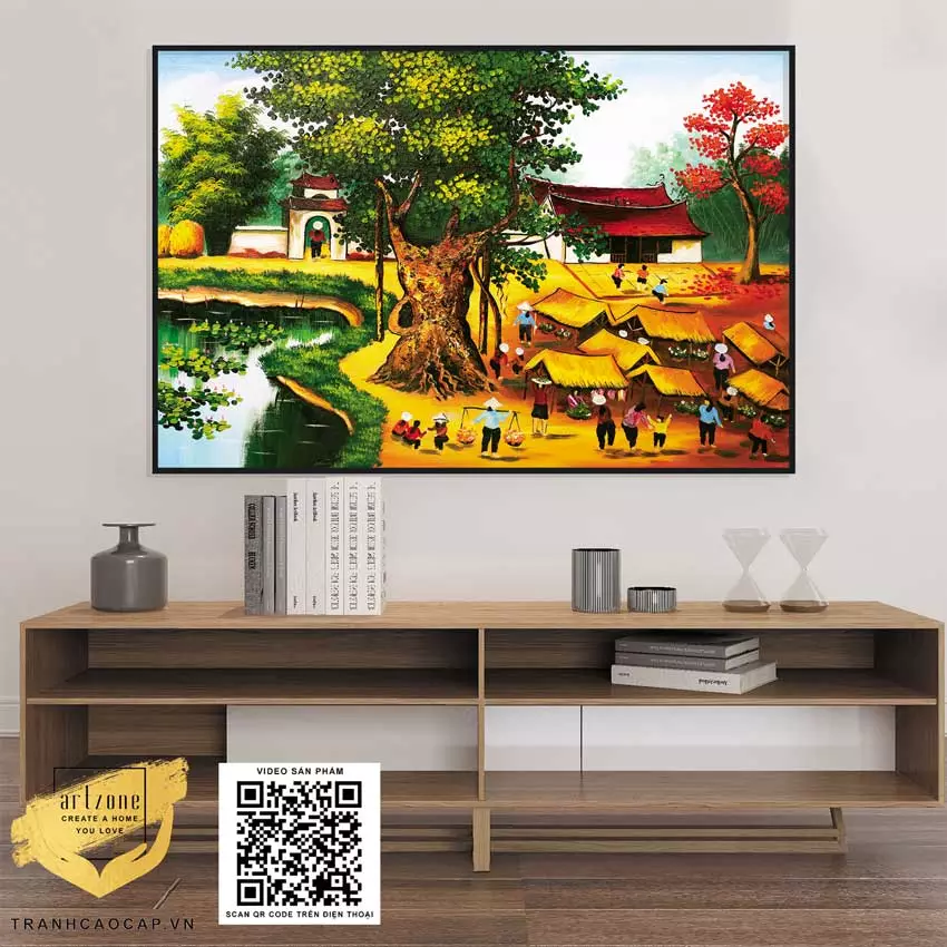 Ứng dụng tranh làng quê Việt Nam Mica AZ1-0165 trong trang trí phòng khách