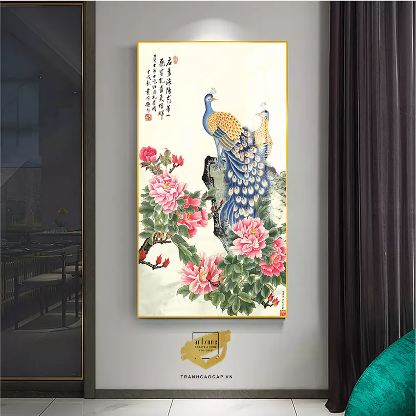 Tranh Chim Công bóng gương Mica treo hành lang