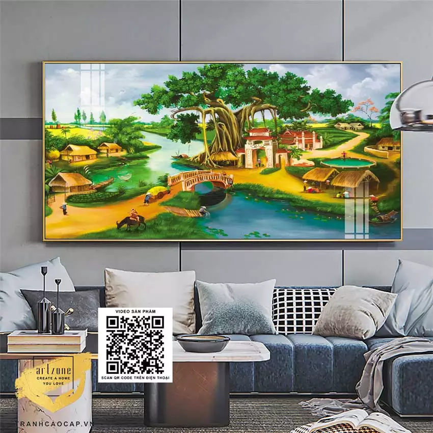 Tranh làng quê Việt Nam treo trên tường phòng khách