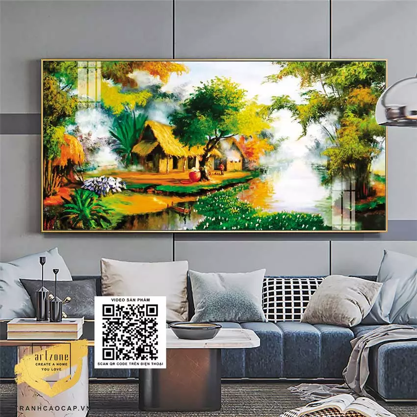 Tranh làng quê Việt Nam trong không gian phòng khách ấm cúng