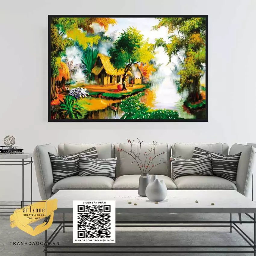 Tranh làng quê Việt Nam trong không gian phòng ngủ phong cách vintage