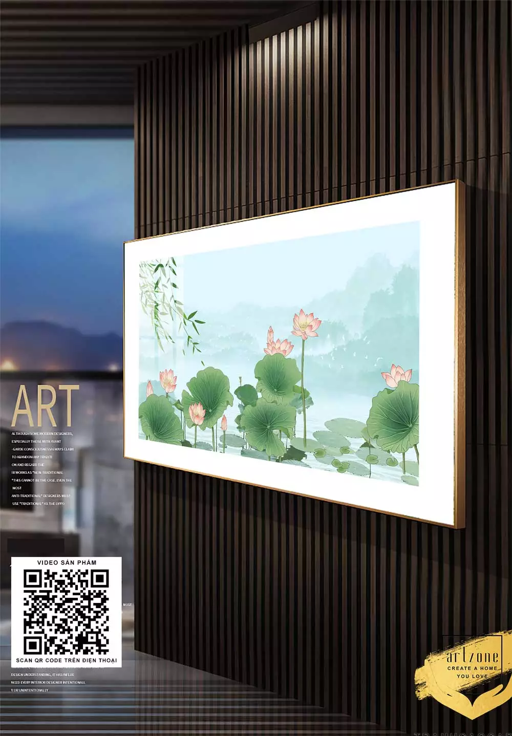Tranh hoa lá mica sen hồng nở rộ trong không gian phòng khách