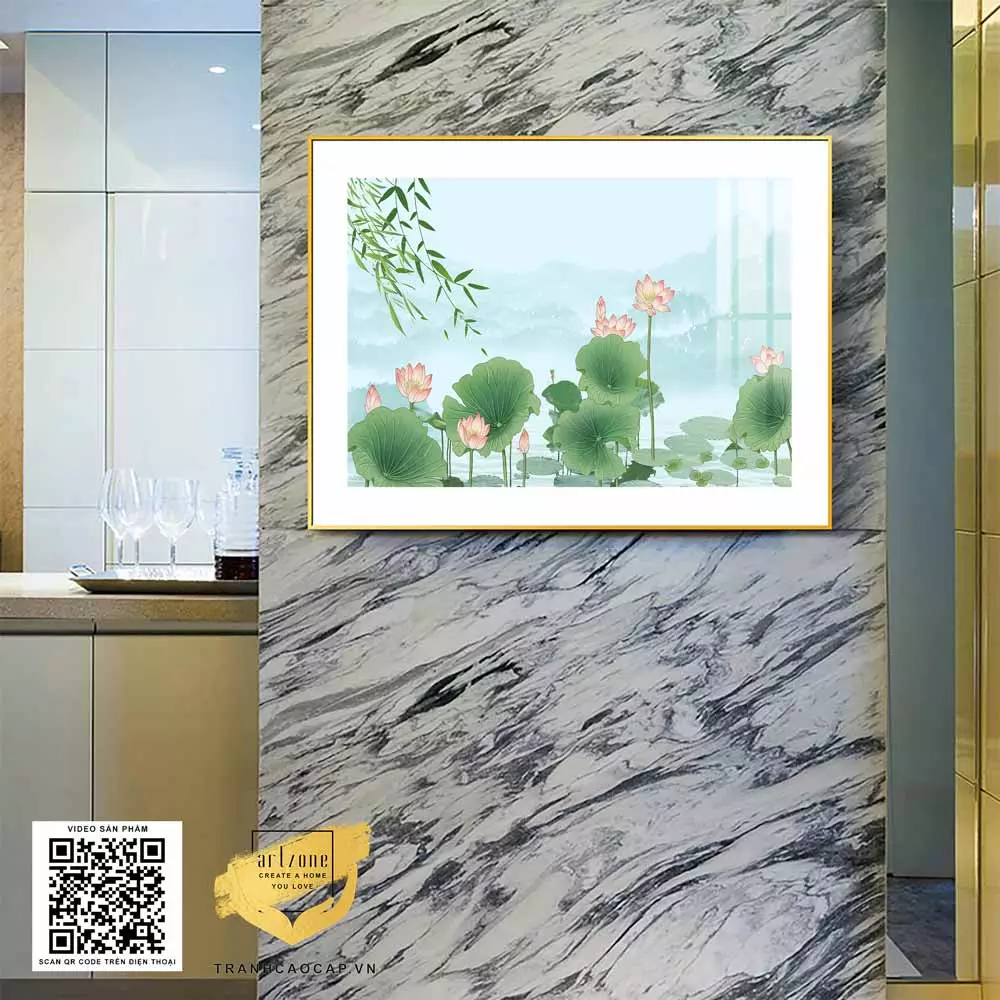 Tranh hoa lá mica sen hồng nở rộ tạo điểm nhấn cho phòng khách