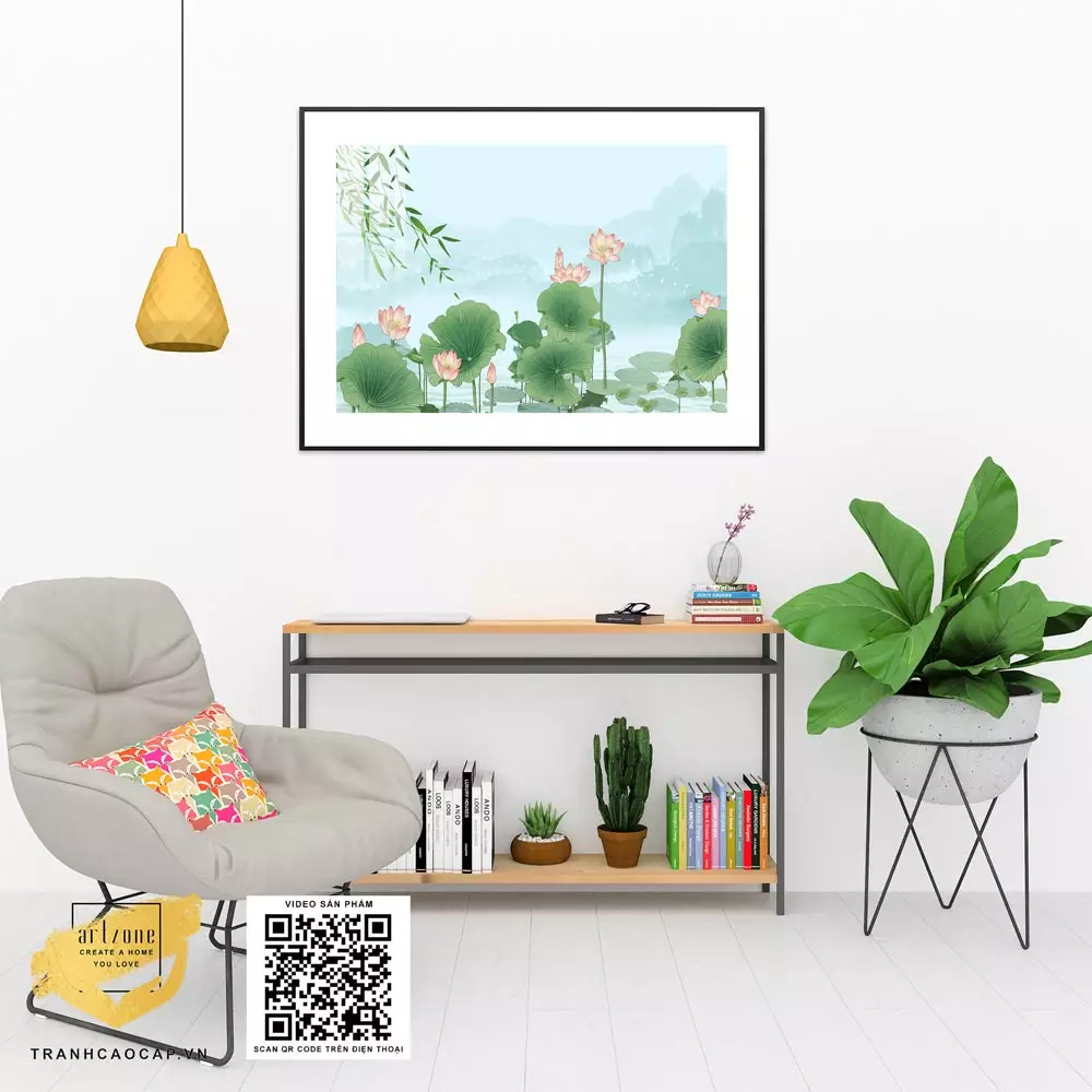 Tranh hoa lá mica sen hồng nở rộ khơi nguồn cảm hứng trong phòng làm việc