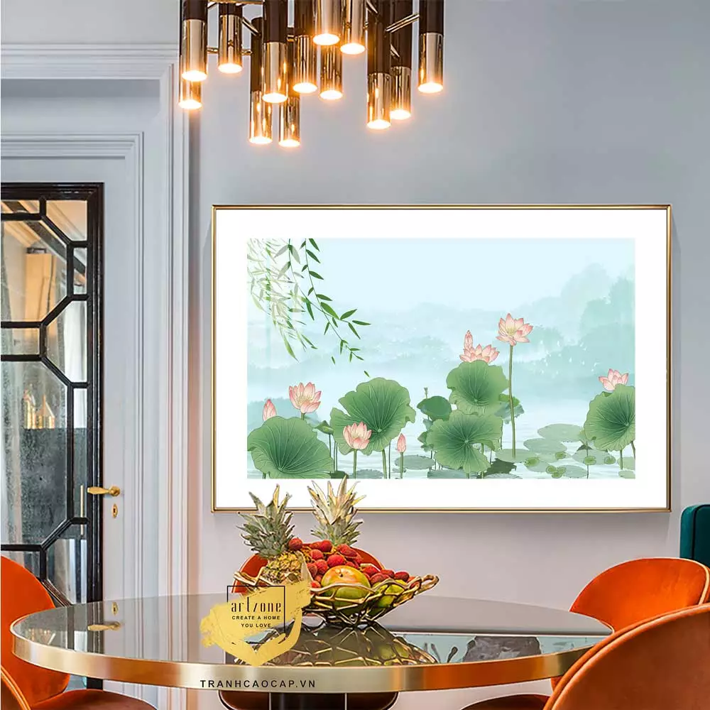 Tranh hoa lá sen hồng nở rộ mang ý nghĩa phong thủy tốt đẹp
