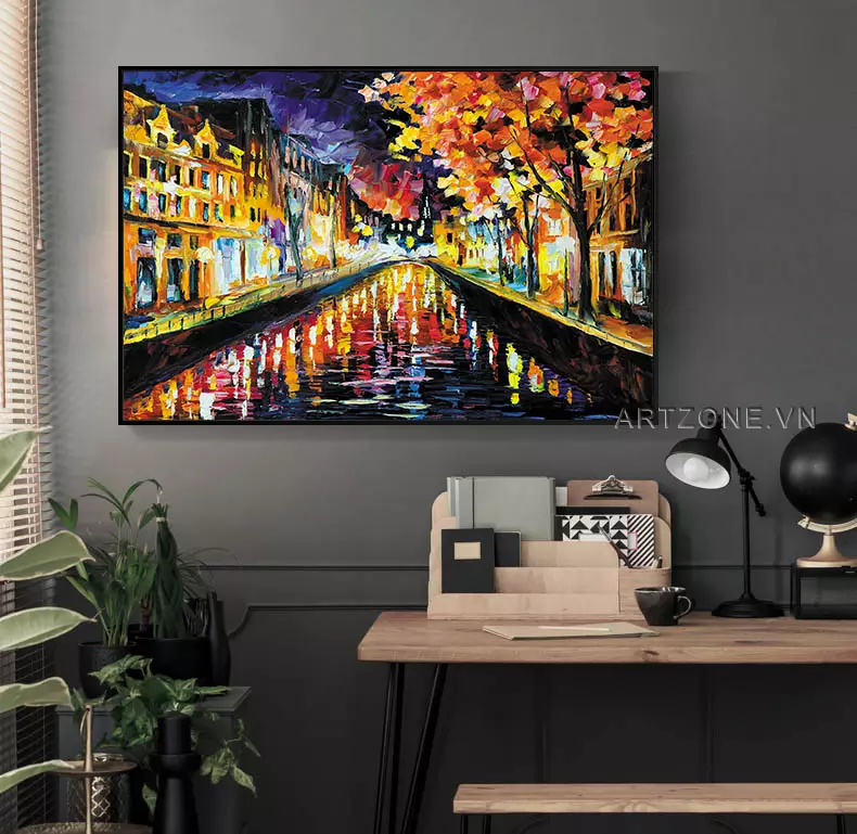 Bức tranh Hoàng Mai Đêm Trên Kênh Nhỏ Amsterdam trong không gian phòng khách