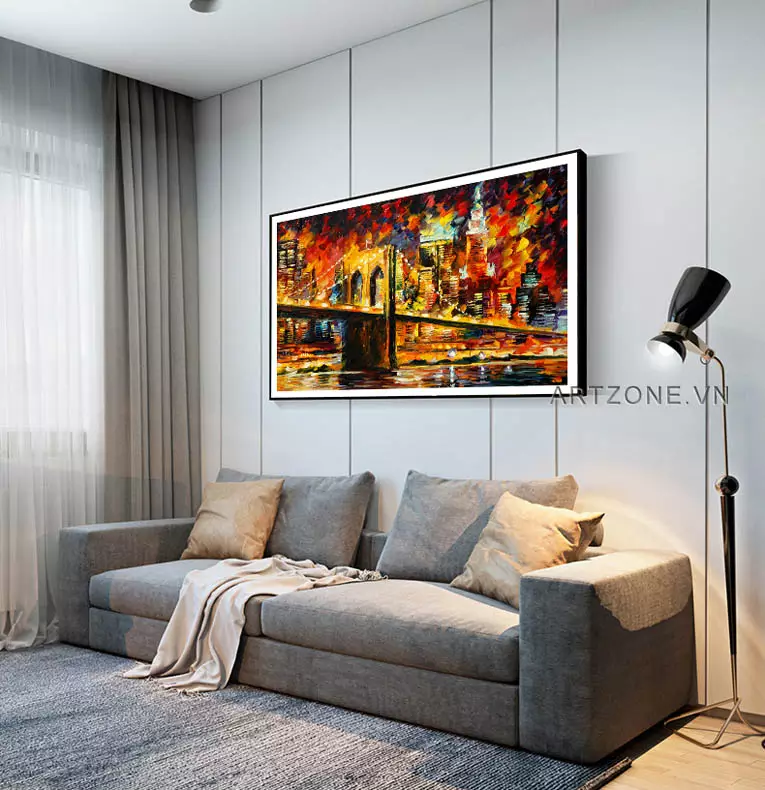 Tranh sơn dầu cầu Brooklyn trong không gian nội thất hiện đại